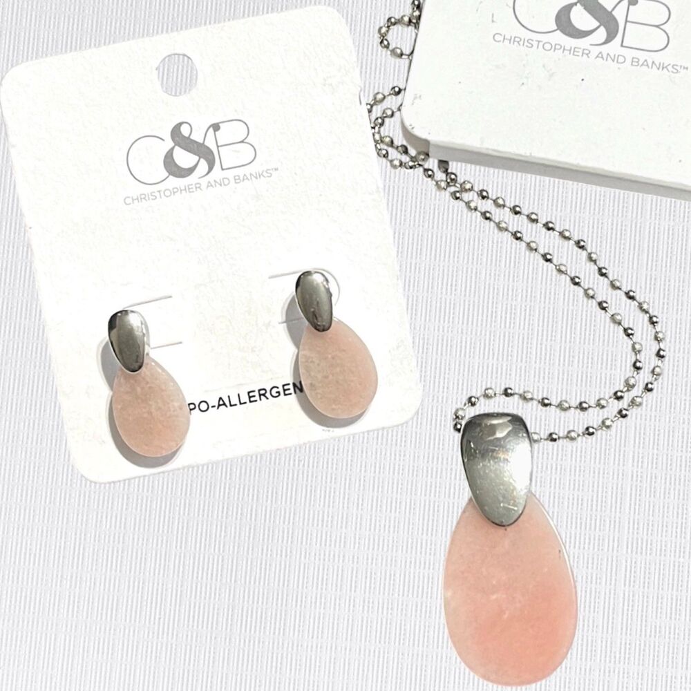 Christopher & Banks Necklace Earrings Set Teardrop Shaped Pink Stone Silver Tone